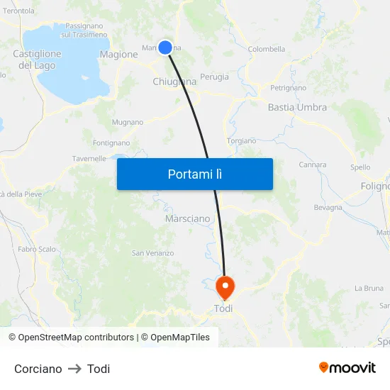 Corciano to Todi map