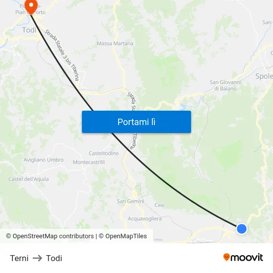 Terni to Todi map