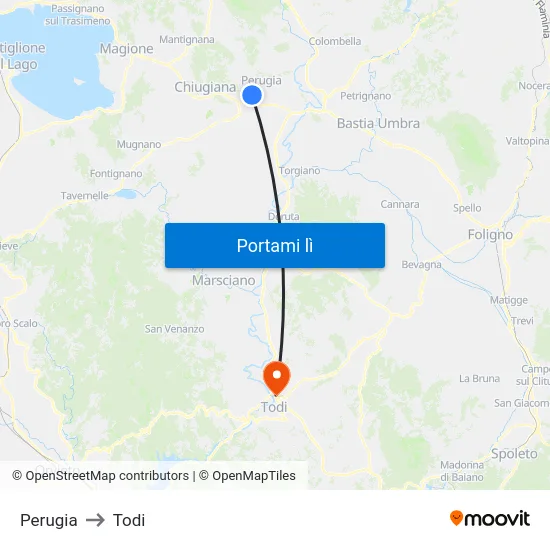 Perugia to Todi map