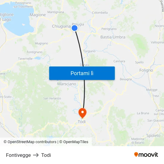 Fontivegge to Todi map