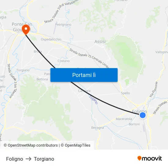 Foligno to Torgiano map