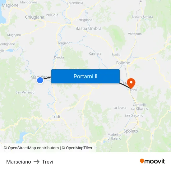 Marsciano to Trevi map