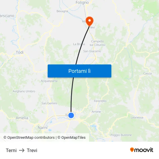 Terni to Trevi map