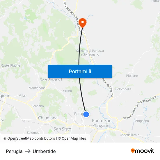 Perugia to Umbertide map