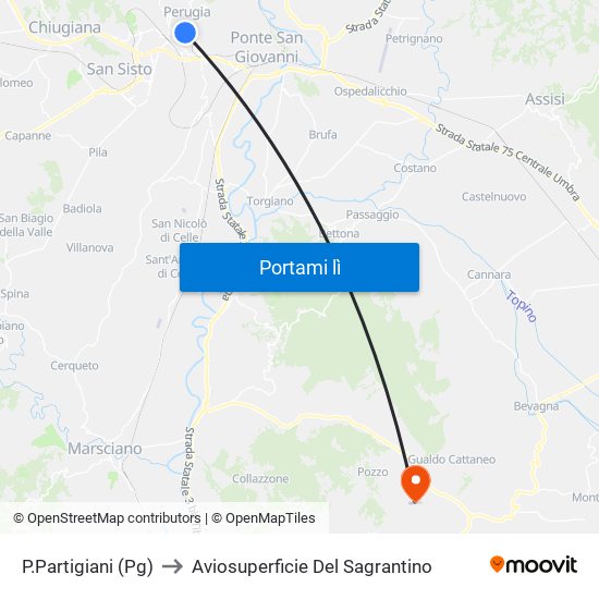 P.Partigiani (Pg) to Aviosuperficie Del Sagrantino map