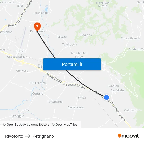 Rivotorto to Petrignano map