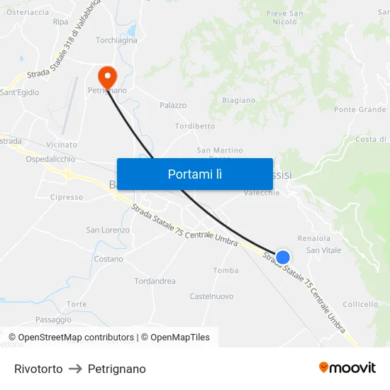 Rivotorto to Petrignano map