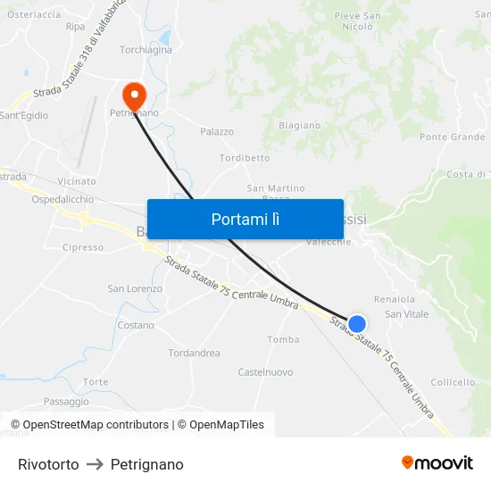 Rivotorto to Petrignano map