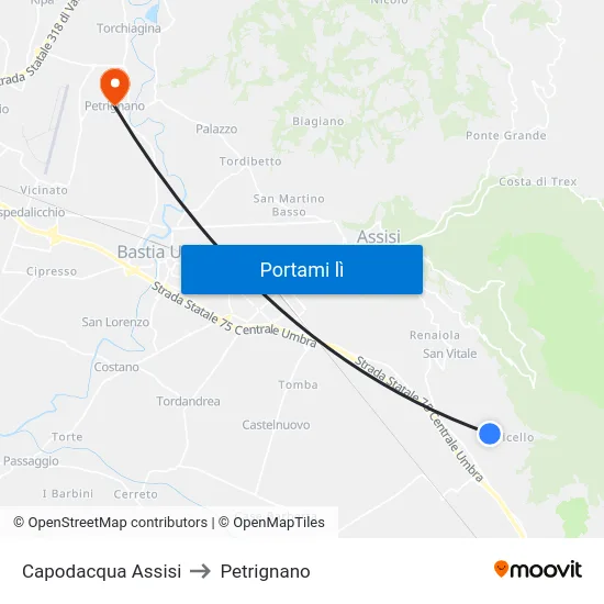 Capodacqua Assisi to Petrignano map