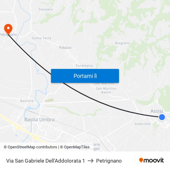 Via San Gabriele Dell'Addolorata 1 to Petrignano map