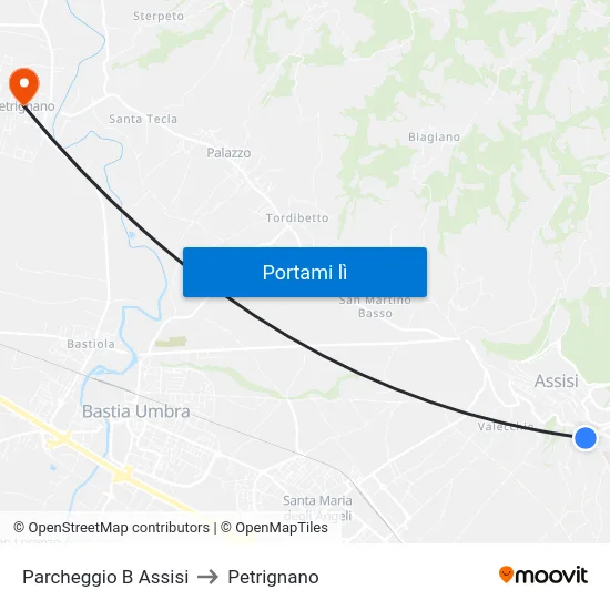 Parcheggio B Assisi to Petrignano map