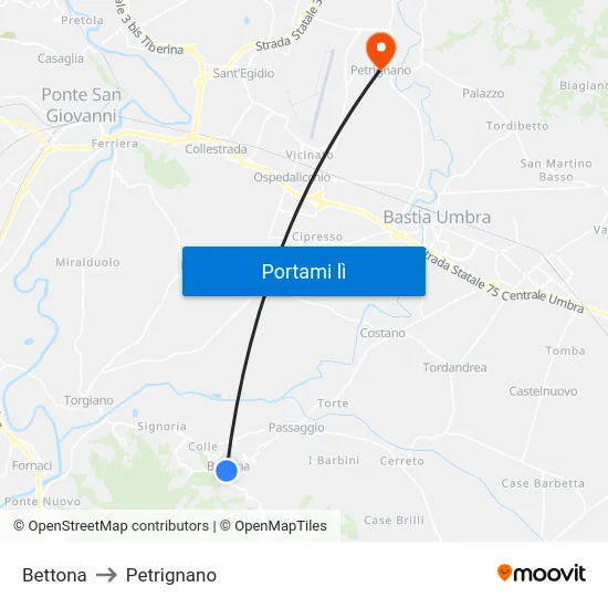 Bettona to Petrignano map