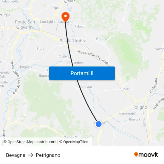 Bevagna to Petrignano map
