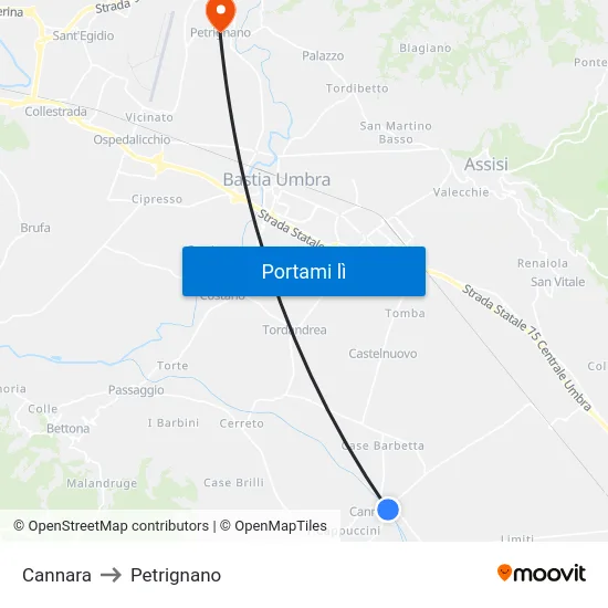 Cannara to Petrignano map
