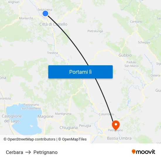 Cerbara to Petrignano map