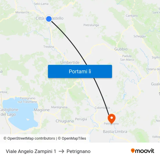 Viale Angelo Zampini 1 to Petrignano map