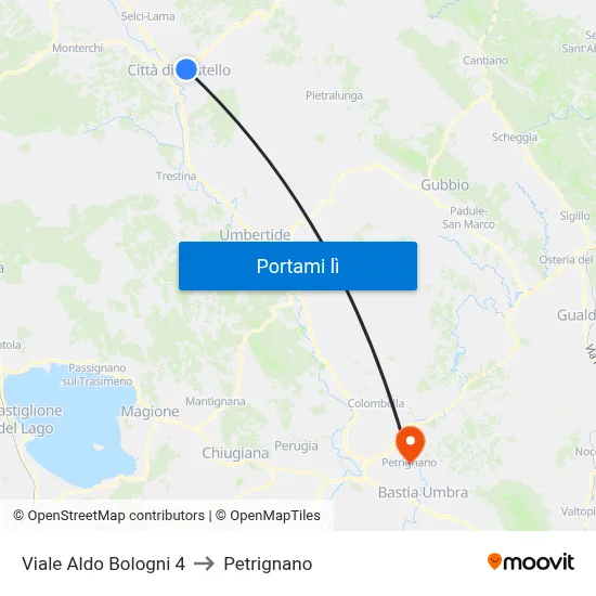 Viale Aldo Bologni 4 to Petrignano map