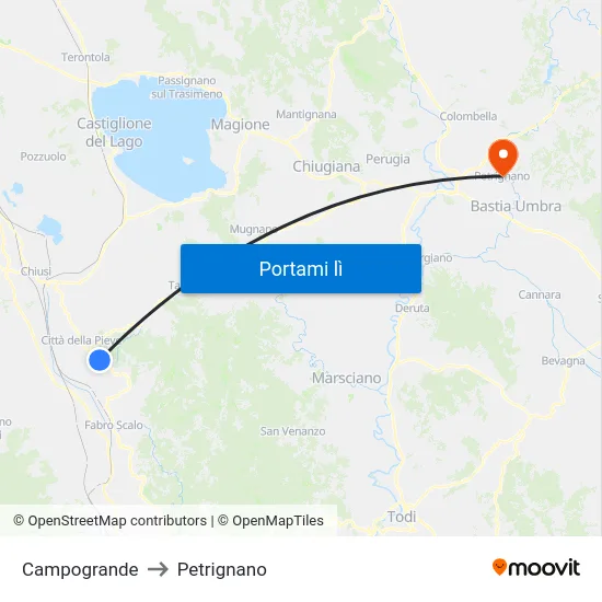 Campogrande to Petrignano map