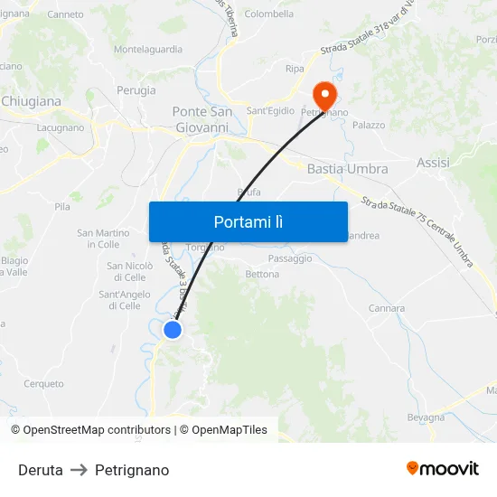 Deruta to Petrignano map