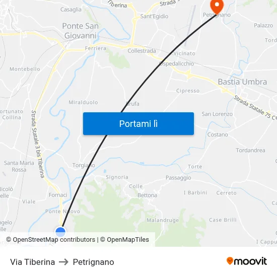 Via Tiberina to Petrignano map