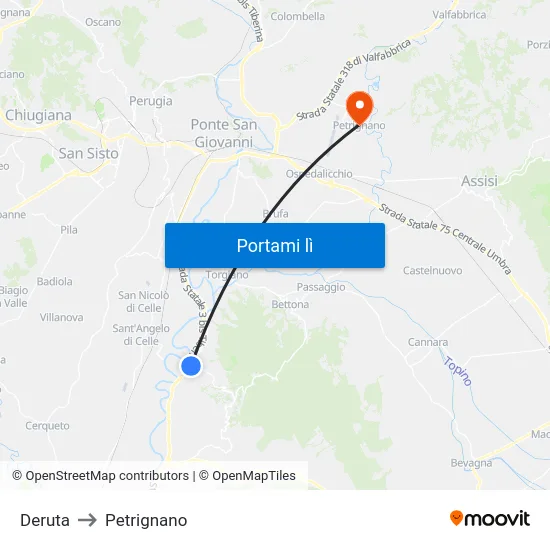 Deruta to Petrignano map