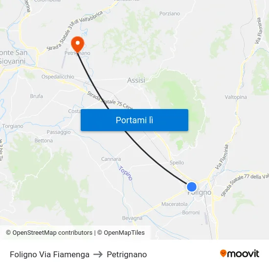 Foligno Via Fiamenga to Petrignano map