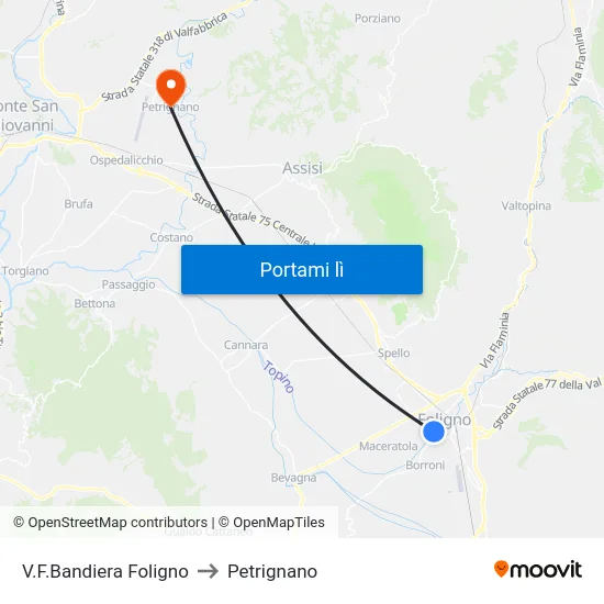 V.F.Bandiera Foligno to Petrignano map