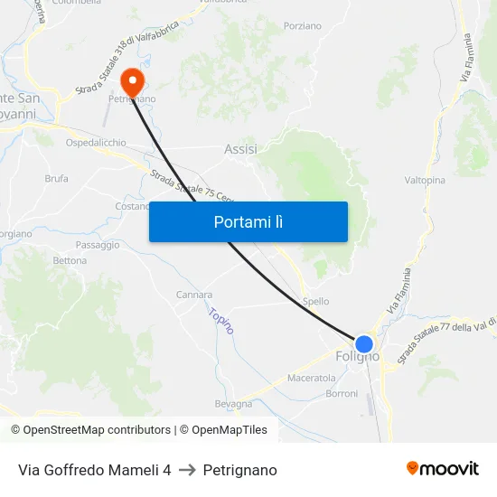 Via Goffredo Mameli 4 to Petrignano map