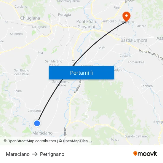 Marsciano to Petrignano map