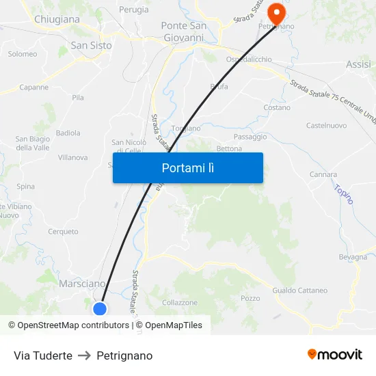 Via Tuderte to Petrignano map