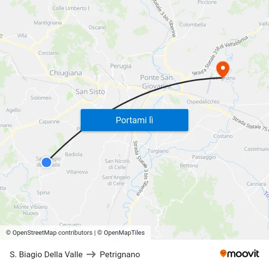 S. Biagio Della Valle to Petrignano map