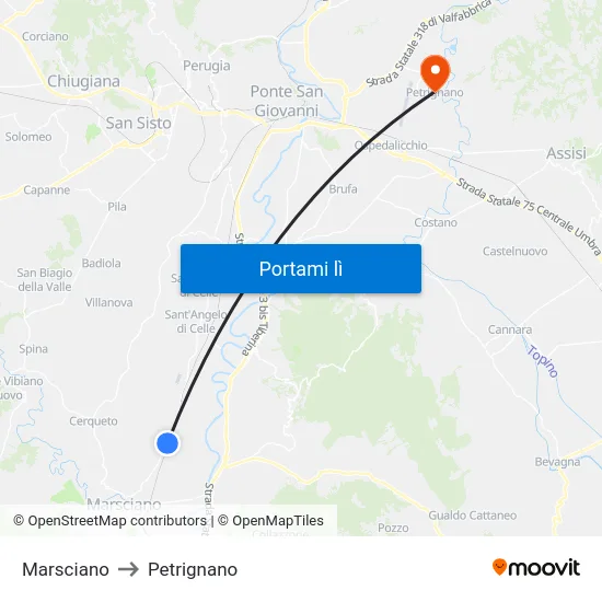 Marsciano to Petrignano map