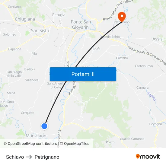 Schiavo to Petrignano map