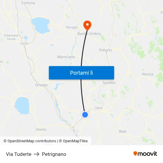 Via Tuderte to Petrignano map