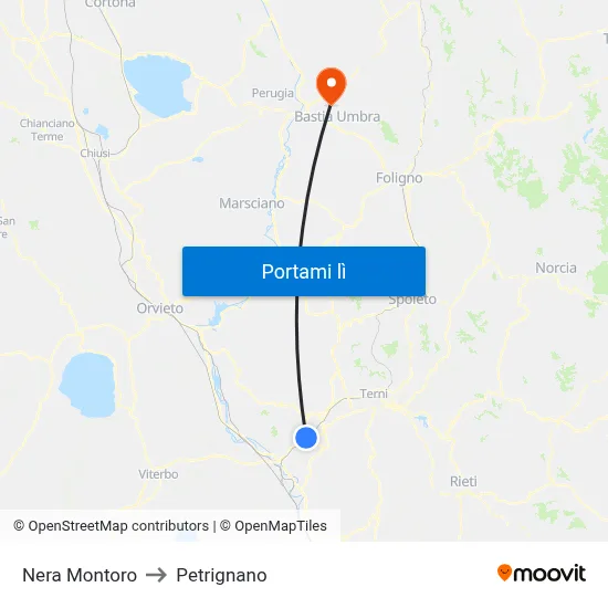 Nera Montoro to Petrignano map