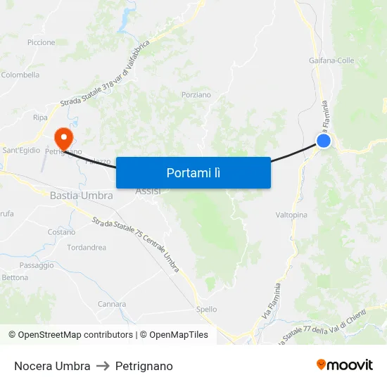 Nocera Umbra to Petrignano map