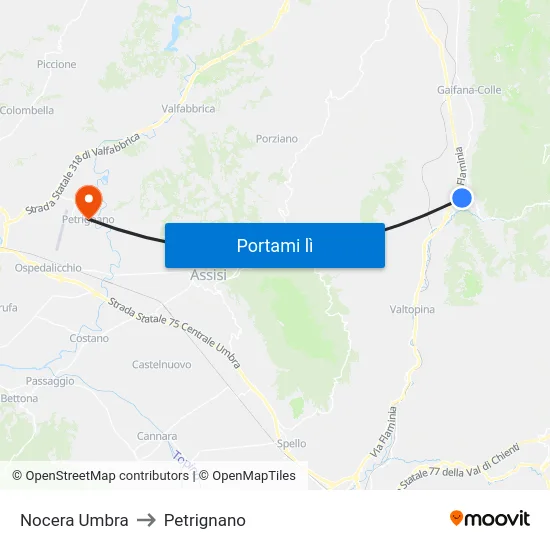 Nocera Umbra to Petrignano map