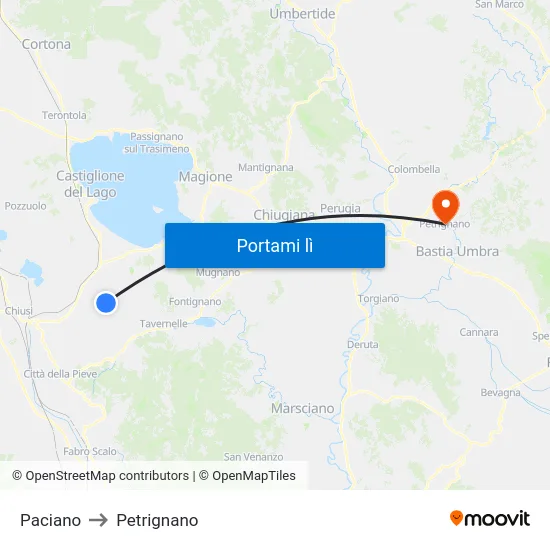 Paciano to Petrignano map