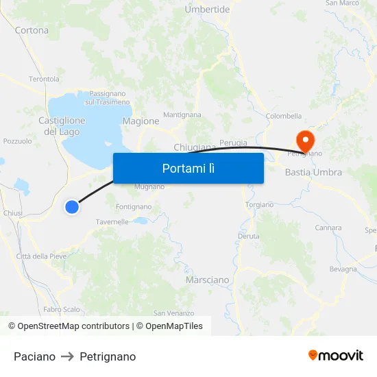 Paciano to Petrignano map