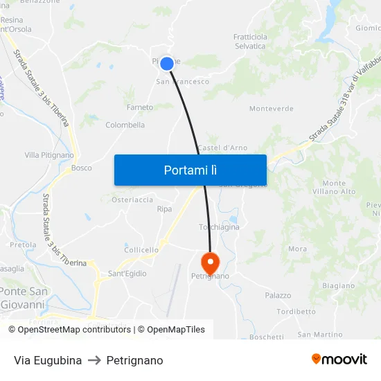Via Eugubina to Petrignano map