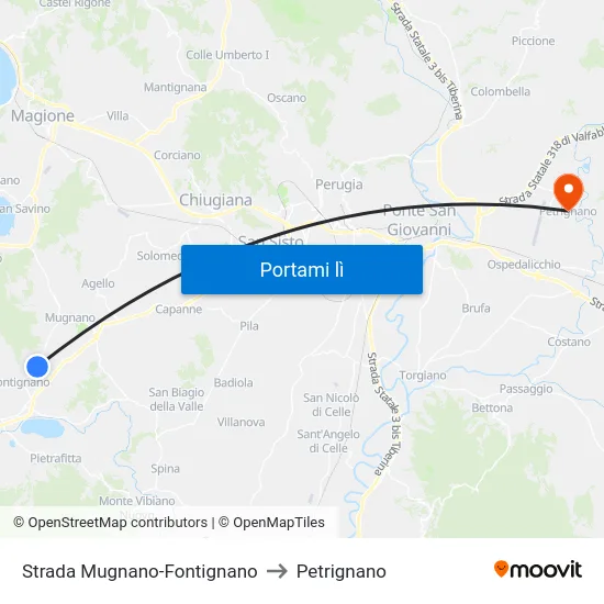 Strada Mugnano-Fontignano to Petrignano map