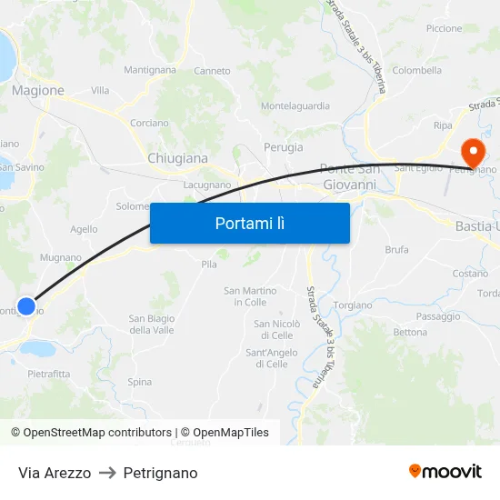 Via Arezzo to Petrignano map