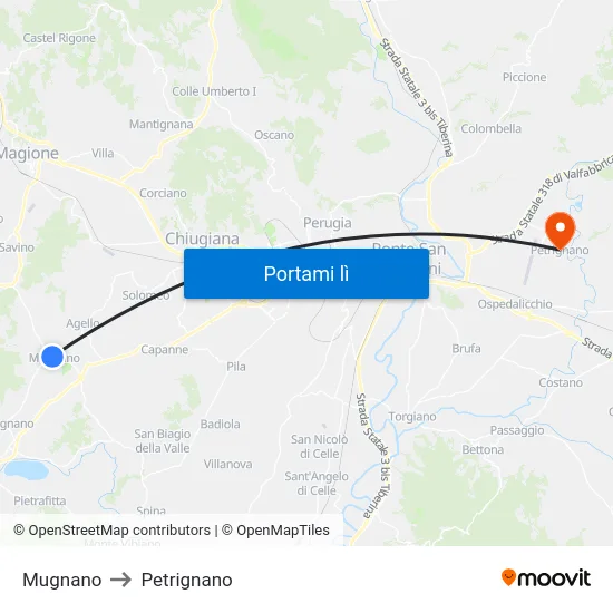 Mugnano to Petrignano map