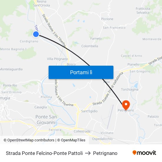 Strada Ponte Felcino-Ponte Pattoli to Petrignano map