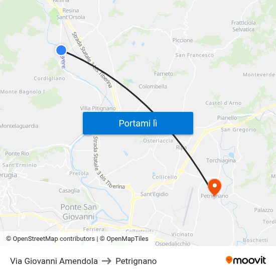 Via Giovanni Amendola to Petrignano map