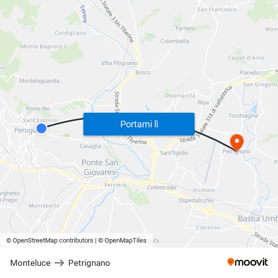 Monteluce to Petrignano map