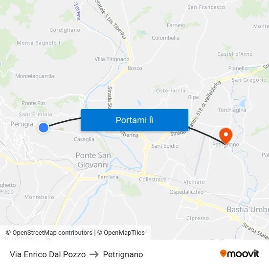 Via Enrico Dal Pozzo to Petrignano map