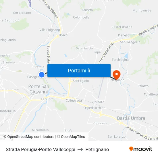 Strada Perugia-Ponte Valleceppi to Petrignano map