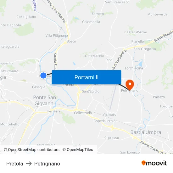 Pretola to Petrignano map