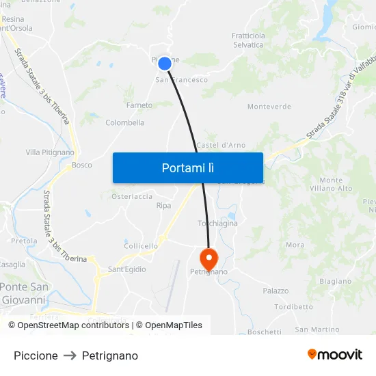 Piccione to Petrignano map